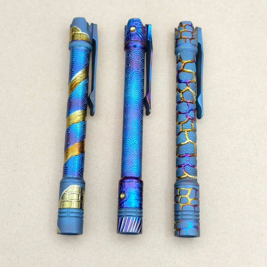 Penlight- - hand carved n heat anodized